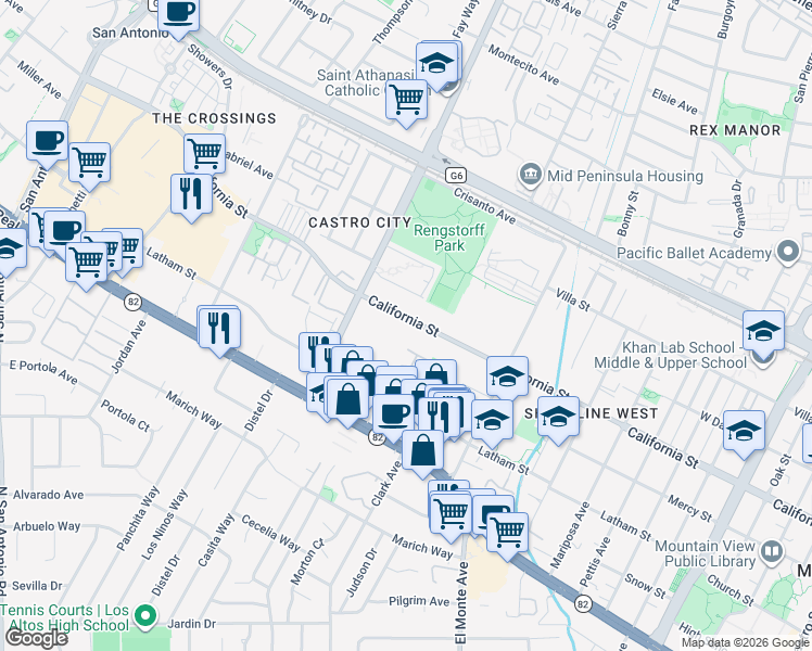 map of restaurants, bars, coffee shops, grocery stores, and more near 2025 California Street in Mountain View