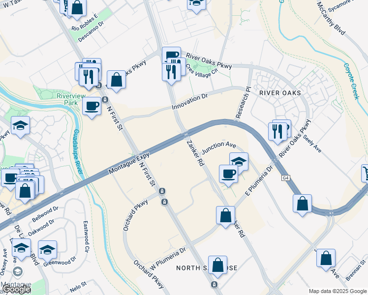 map of restaurants, bars, coffee shops, grocery stores, and more near 3061-3087 Zanker Rd in San Jose