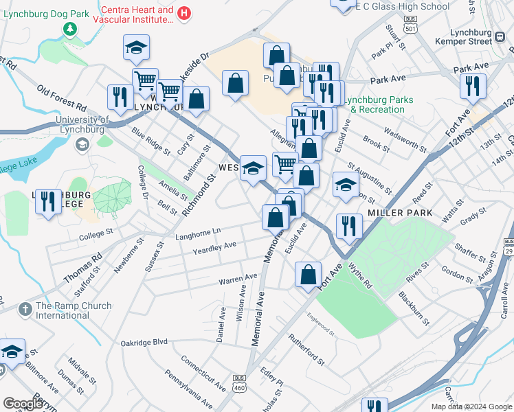 map of restaurants, bars, coffee shops, grocery stores, and more near 612 Eldon Street in Lynchburg