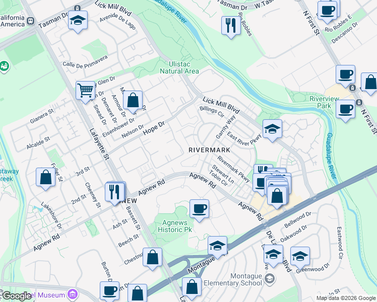 map of restaurants, bars, coffee shops, grocery stores, and more near 4346 Headen Way in Santa Clara