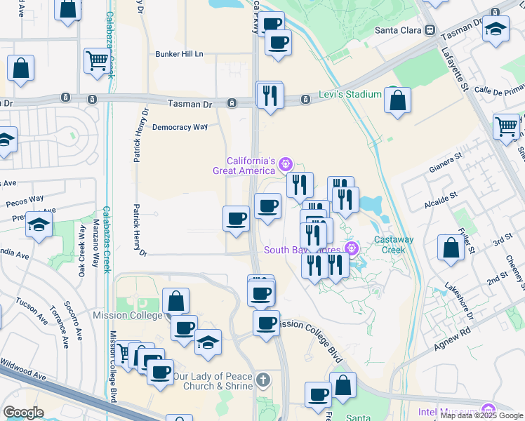 map of restaurants, bars, coffee shops, grocery stores, and more near 4655 Great America Parkway in Santa Clara
