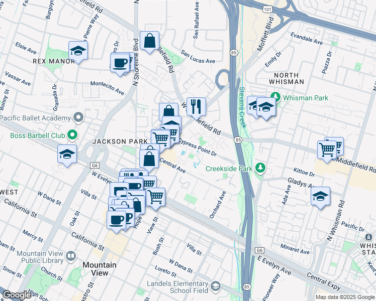 map of restaurants, bars, coffee shops, grocery stores, and more near 505 Cypress Point Drive in Mountain View