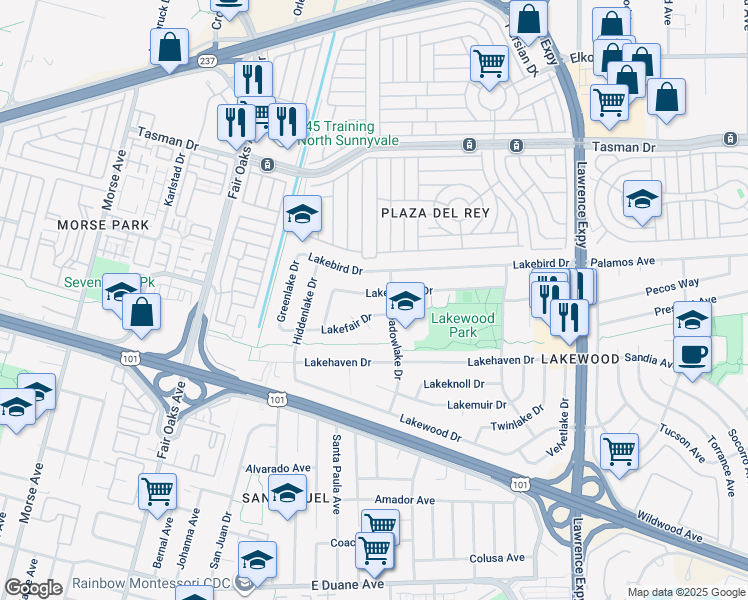 map of restaurants, bars, coffee shops, grocery stores, and more near 716 Lakechime Drive in Sunnyvale