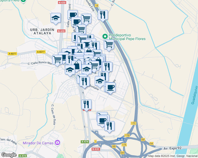map of restaurants, bars, coffee shops, grocery stores, and more near 4A Calle Galicia in Camas