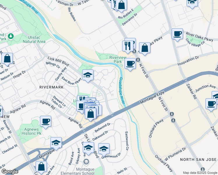 map of restaurants, bars, coffee shops, grocery stores, and more near 496 Mansion Park Drive in Santa Clara