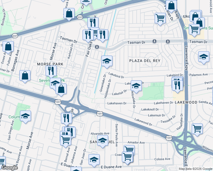 map of restaurants, bars, coffee shops, grocery stores, and more near 317 Greenlake Drive in Sunnyvale