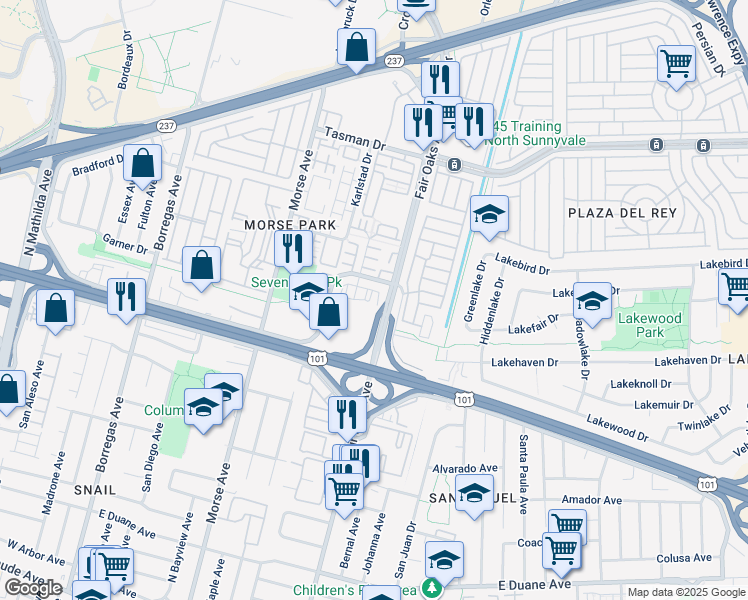map of restaurants, bars, coffee shops, grocery stores, and more near 580 East Weddell Drive in Sunnyvale