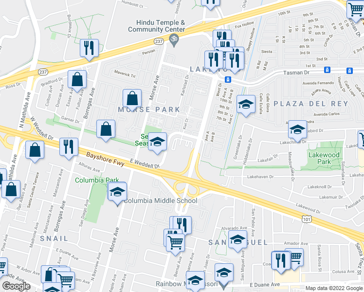 map of restaurants, bars, coffee shops, grocery stores, and more near 580 East Weddell Drive in Sunnyvale