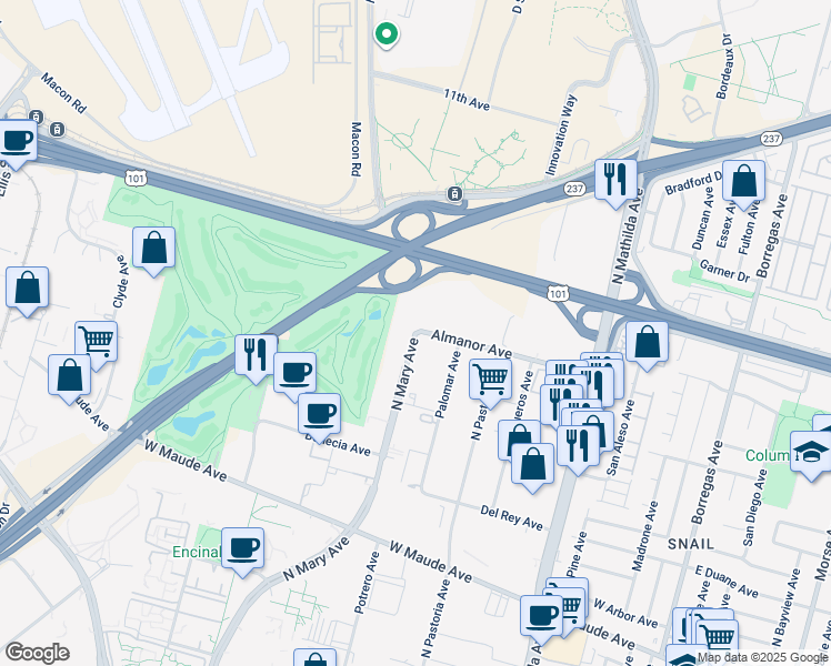 map of restaurants, bars, coffee shops, grocery stores, and more near 785 North Mary Avenue in Sunnyvale