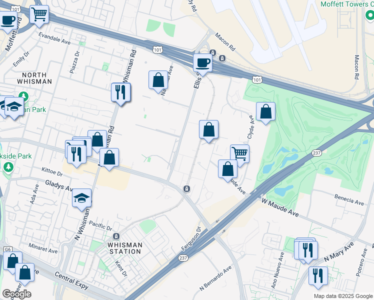 map of restaurants, bars, coffee shops, grocery stores, and more near 401 Ellis St in Mountain View