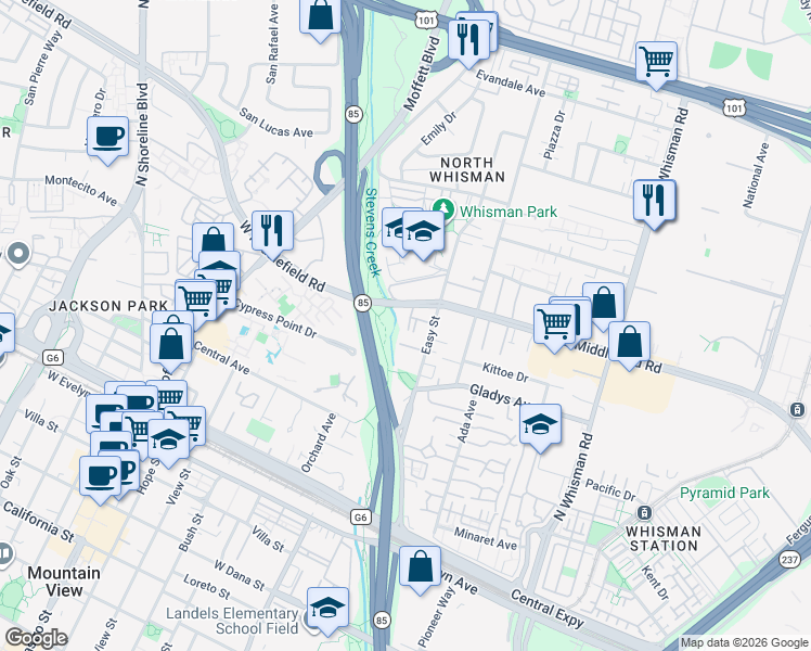 map of restaurants, bars, coffee shops, grocery stores, and more near 280 Easy Street in Mountain View