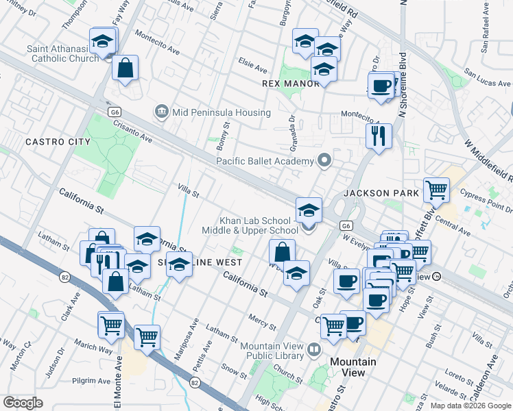 map of restaurants, bars, coffee shops, grocery stores, and more near 1640 Villa Street in Mountain View