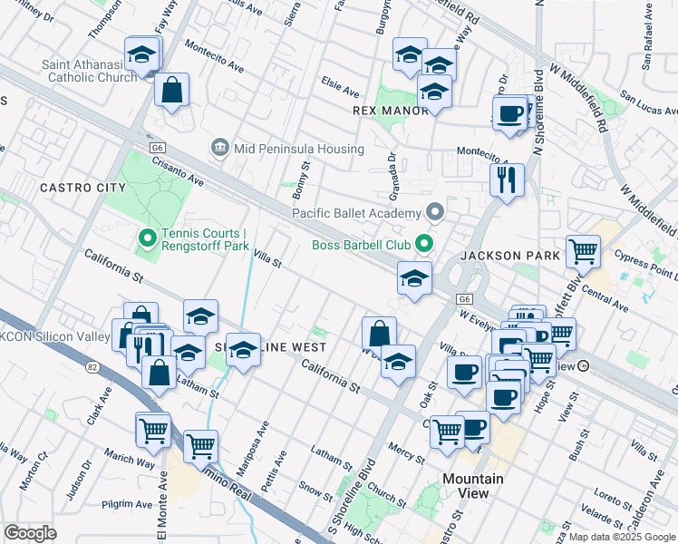 map of restaurants, bars, coffee shops, grocery stores, and more near 1640 Villa Street in Mountain View