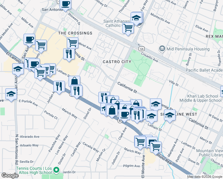 map of restaurants, bars, coffee shops, grocery stores, and more near 575 South Rengstorff Avenue in Mountain View