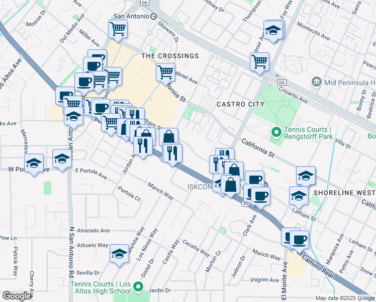 map of restaurants, bars, coffee shops, grocery stores, and more near 2270 El Camino Real in Mountain View