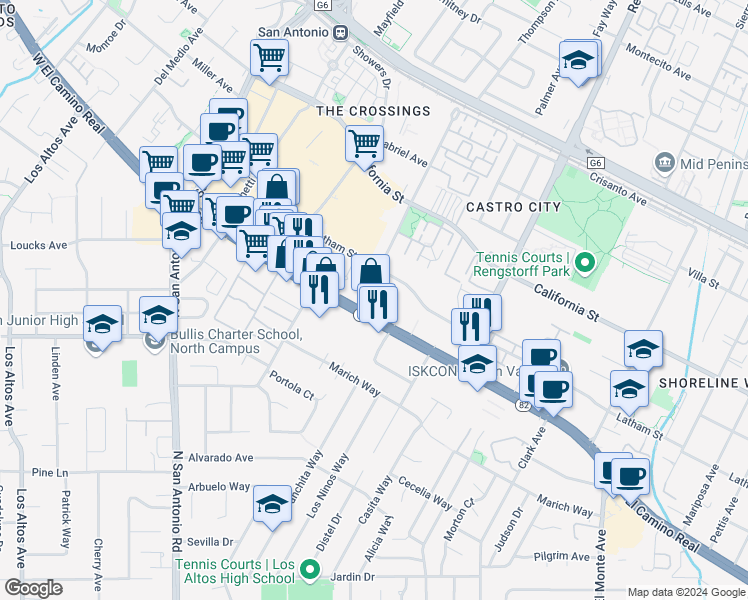 map of restaurants, bars, coffee shops, grocery stores, and more near 2320 West El Camino Real in Mountain View