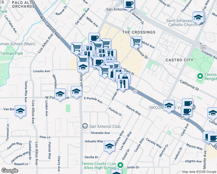 map of restaurants, bars, coffee shops, grocery stores, and more near 17 Los Altos Square in Los Altos