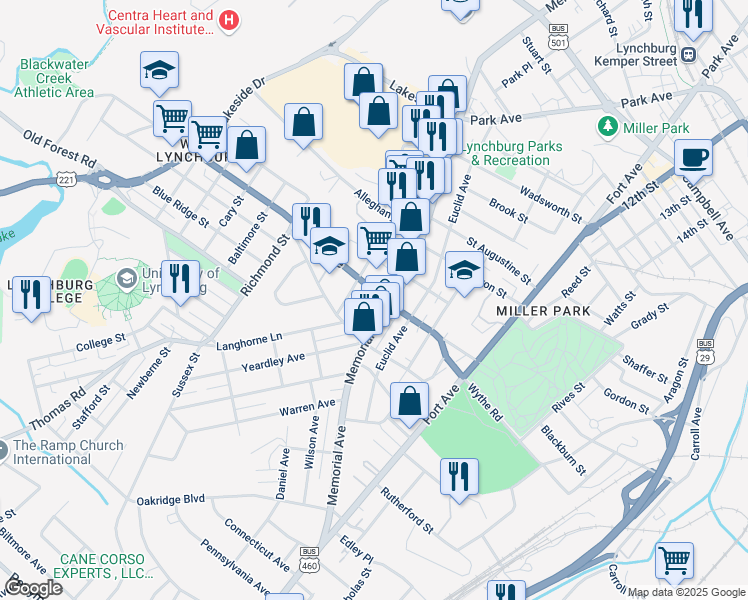 map of restaurants, bars, coffee shops, grocery stores, and more near 3001 Memorial Avenue in Lynchburg