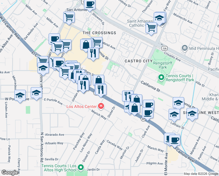 map of restaurants, bars, coffee shops, grocery stores, and more near 2245 Latham Street in Mountain View