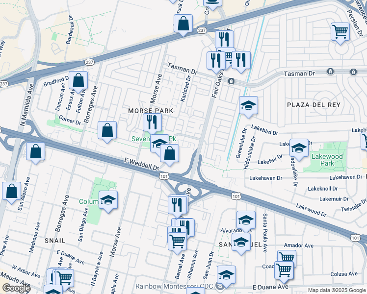 map of restaurants, bars, coffee shops, grocery stores, and more near 580 East Weddell Drive in Sunnyvale