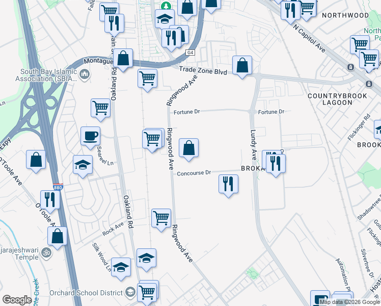 map of restaurants, bars, coffee shops, grocery stores, and more near 1889 Concourse Drive in San Jose