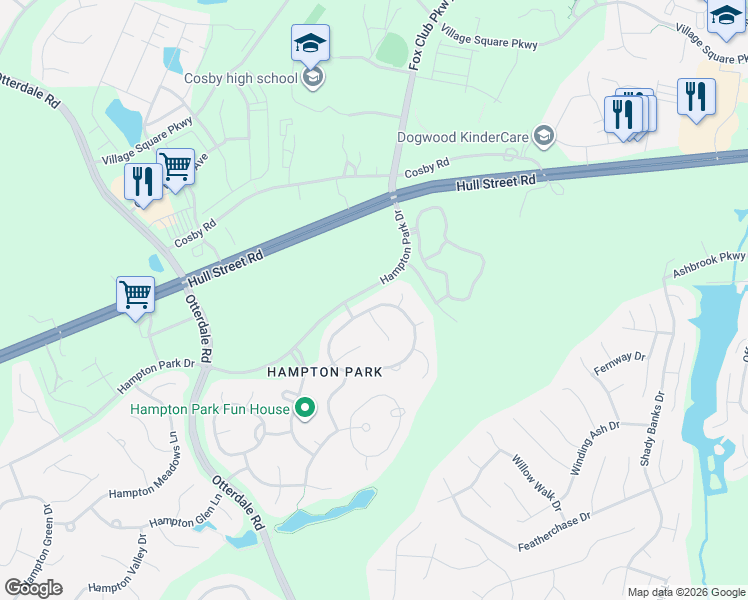 map of restaurants, bars, coffee shops, grocery stores, and more near 8312 Hampton Crest Circle in Chesterfield