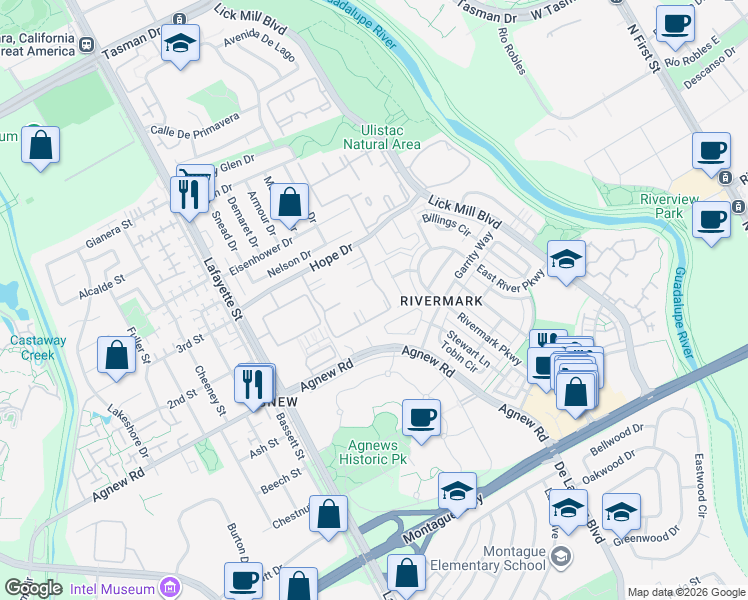 map of restaurants, bars, coffee shops, grocery stores, and more near 1628 Hope Drive in Santa Clara