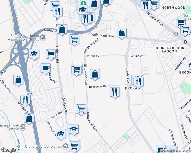 map of restaurants, bars, coffee shops, grocery stores, and more near 1889 Concourse Drive in San Jose