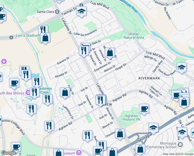 map of restaurants, bars, coffee shops, grocery stores, and more near 4551 Lafayette Street in Santa Clara