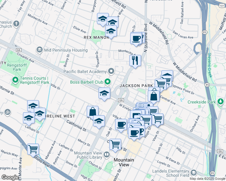 map of restaurants, bars, coffee shops, grocery stores, and more near 1077 Washington Street in Mountain View