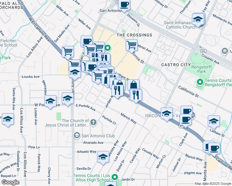 map of restaurants, bars, coffee shops, grocery stores, and more near 856 Jordan Avenue in Los Altos