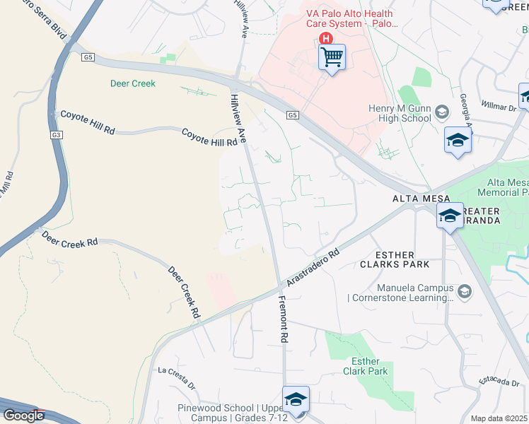 map of restaurants, bars, coffee shops, grocery stores, and more near 3425 Hillview Avenue in Palo Alto