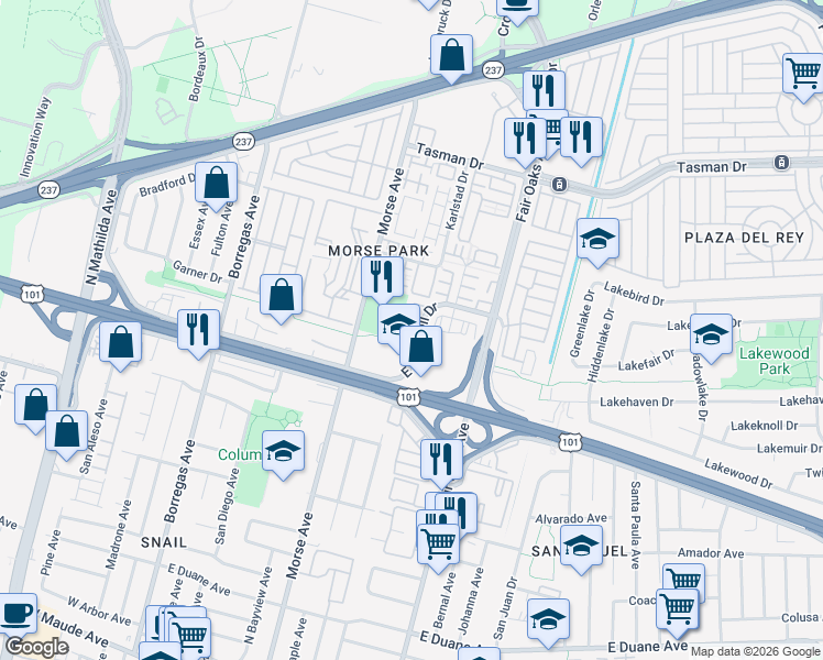 map of restaurants, bars, coffee shops, grocery stores, and more near 1019 Jena Terrace in Sunnyvale