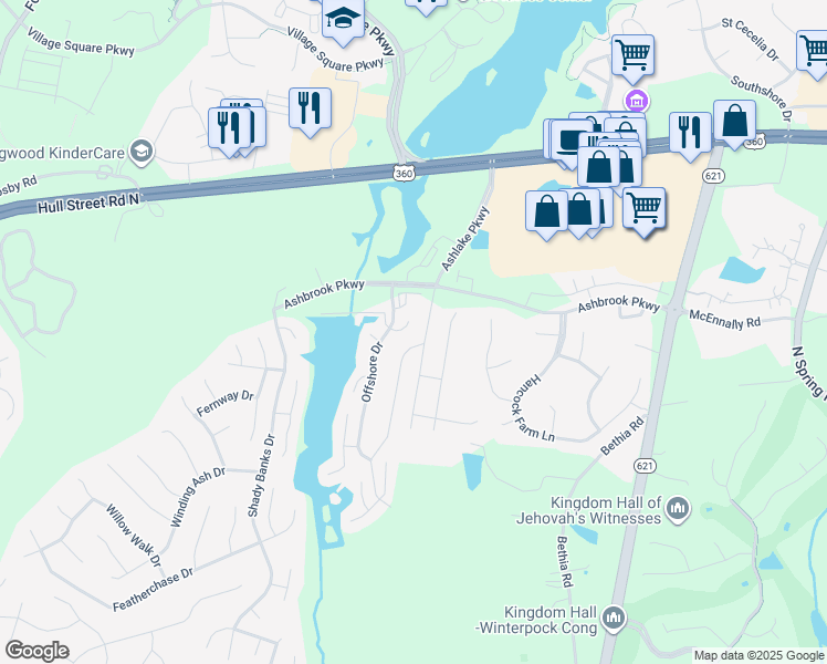 map of restaurants, bars, coffee shops, grocery stores, and more near 14607 Helmsman Court in Chesterfield