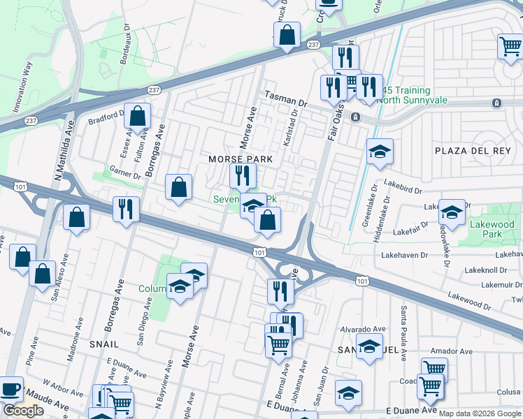 map of restaurants, bars, coffee shops, grocery stores, and more near 1019 Jena Terrace in Sunnyvale