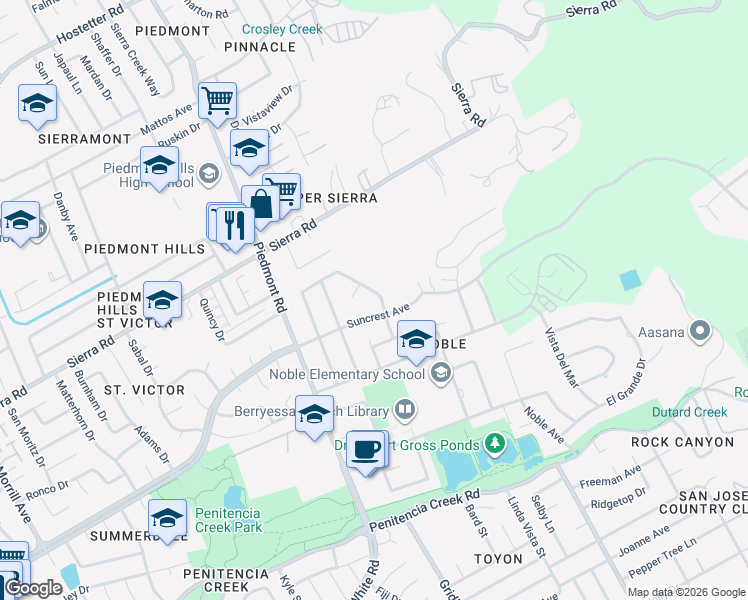 map of restaurants, bars, coffee shops, grocery stores, and more near 3396 Burgundy Drive in San Jose