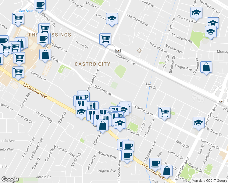 map of restaurants, bars, coffee shops, grocery stores, and more near 2010 California Street in Mountain View