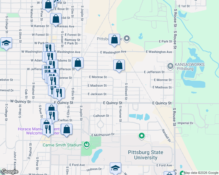map of restaurants, bars, coffee shops, grocery stores, and more near 526 East Madison Street in Pittsburg