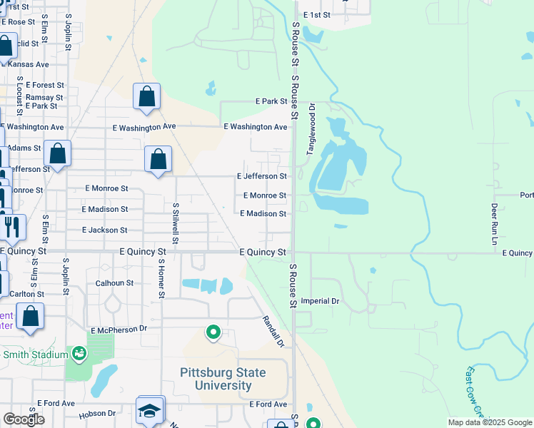 map of restaurants, bars, coffee shops, grocery stores, and more near 1000 East Madison Street in Pittsburg