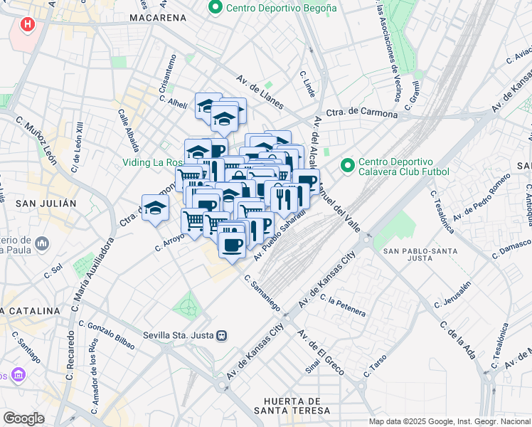 map of restaurants, bars, coffee shops, grocery stores, and more near 5 Calle Tartessos in Sevilla