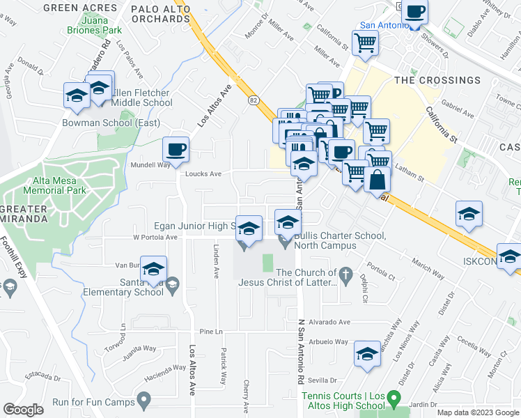map of restaurants, bars, coffee shops, grocery stores, and more near 110 Pasa Robles Avenue in Los Altos