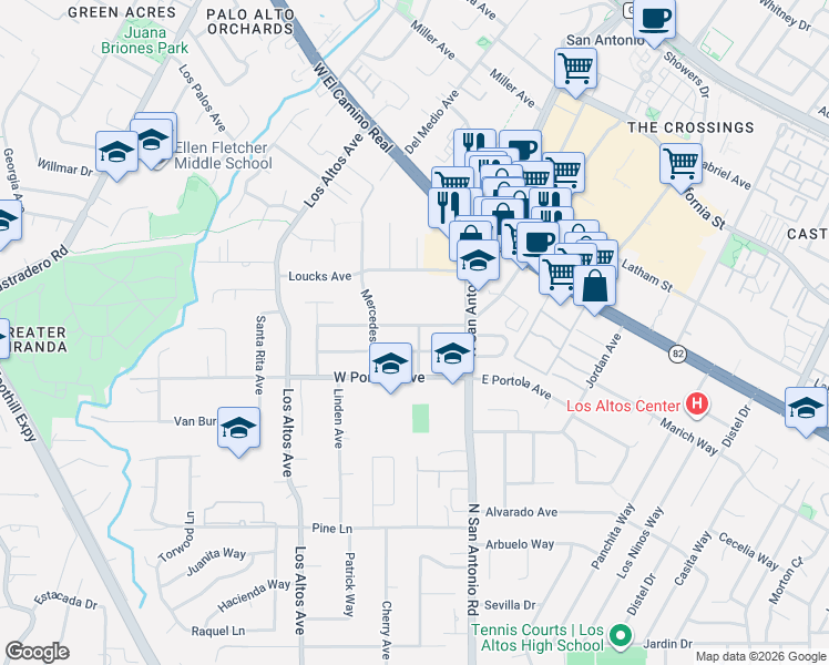 map of restaurants, bars, coffee shops, grocery stores, and more near 107 Del Monte Avenue in Los Altos