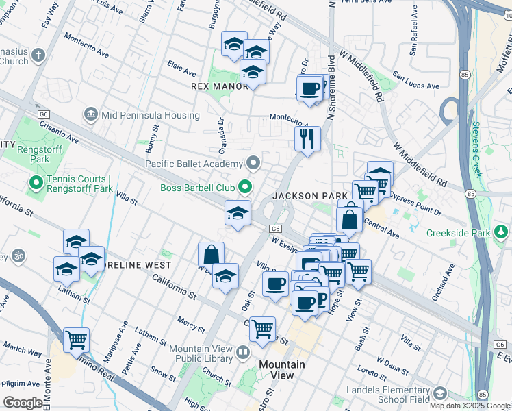 map of restaurants, bars, coffee shops, grocery stores, and more near 1077 Washington Street in Mountain View