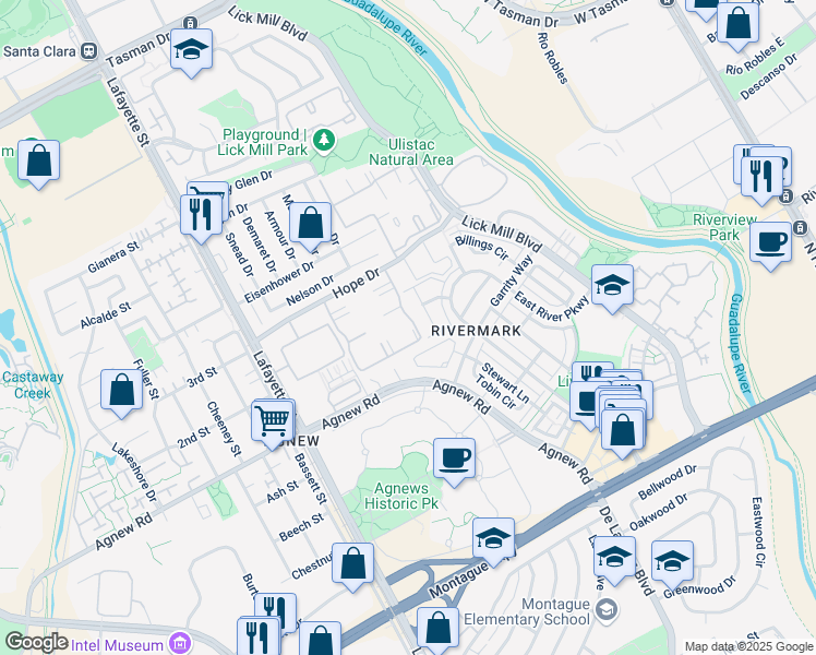 map of restaurants, bars, coffee shops, grocery stores, and more near 1628 Hope Drive in Santa Clara