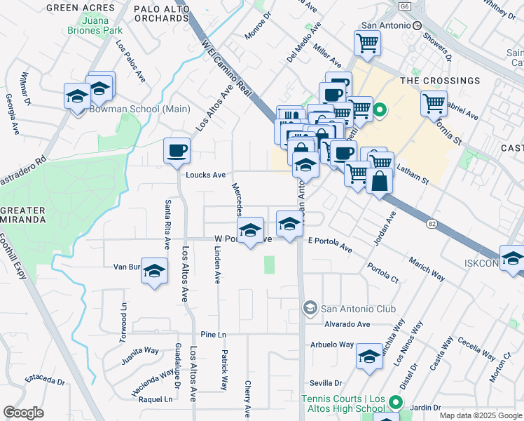 map of restaurants, bars, coffee shops, grocery stores, and more near 110 Pasa Robles Avenue in Los Altos