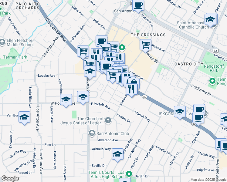 map of restaurants, bars, coffee shops, grocery stores, and more near 1 Los Altos Square in Los Altos