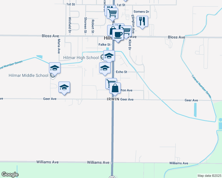 map of restaurants, bars, coffee shops, grocery stores, and more near 7583 Lander Avenue in Hilmar