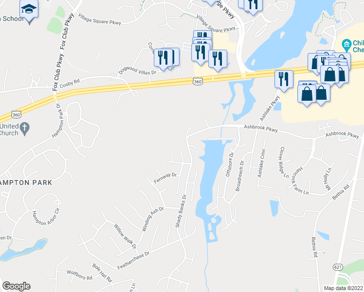 map of restaurants, bars, coffee shops, grocery stores, and more near 7507 Blue Cedar Drive in Chesterfield