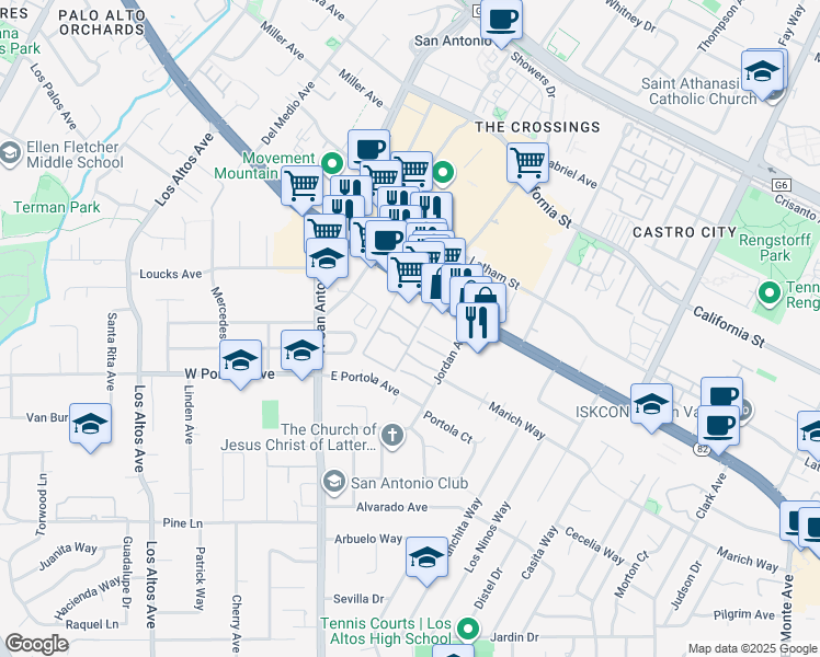 map of restaurants, bars, coffee shops, grocery stores, and more near 2 Los Altos Square in Los Altos