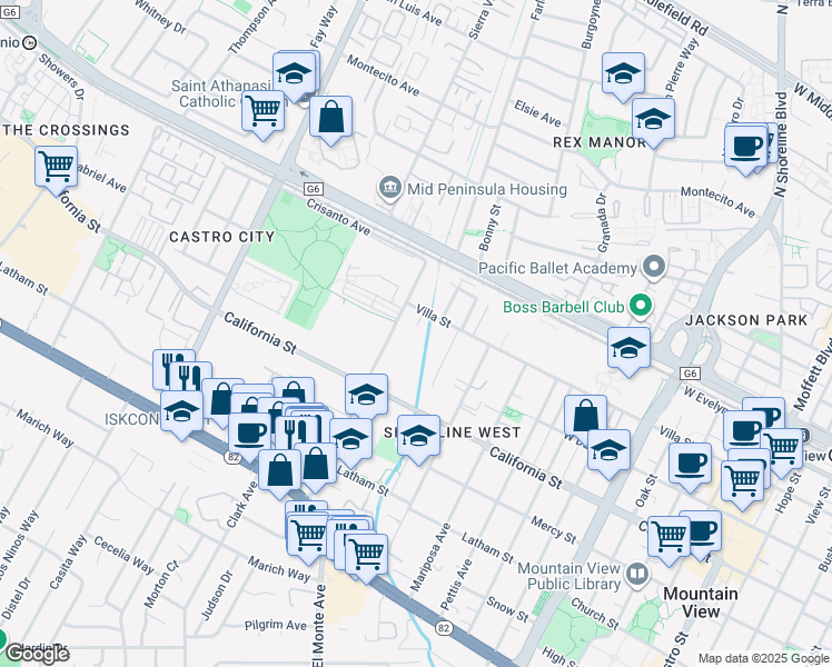 map of restaurants, bars, coffee shops, grocery stores, and more near 225 Lauella Court in Mountain View
